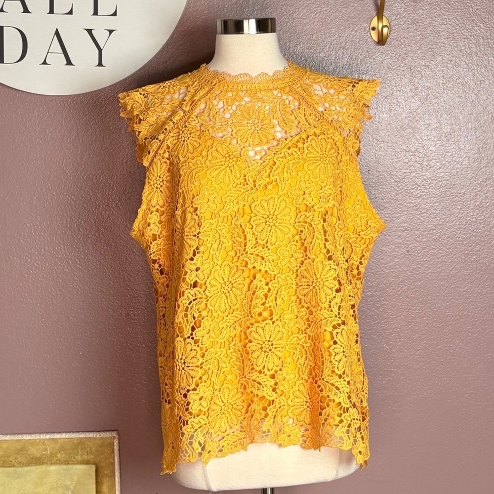 Adiva Womens Floral Lace Mock Neck Sleeveless Top Marigold Yellow XL NWT